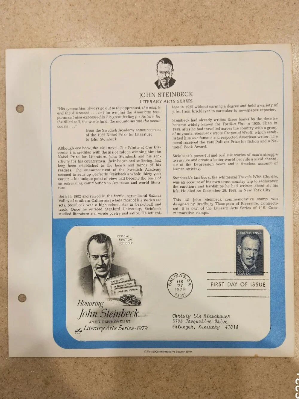 RARE COLLECTIBLE USPS 1ST DAY ISSUE COVER JOHN STEINBECK NOVELIST STAMP ENVELOPE